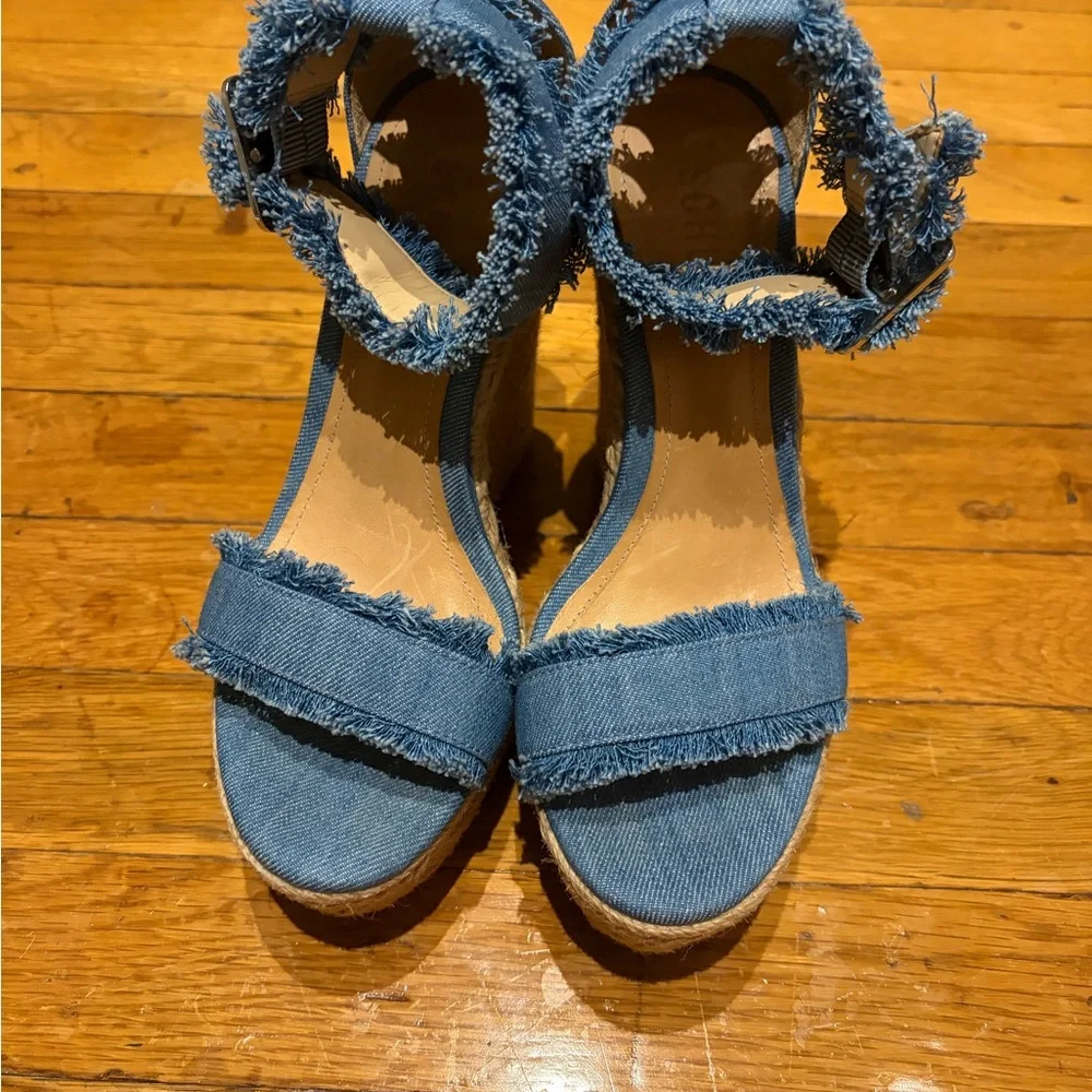 SCHUTZ Blue Frayed Denim Espadrille Wedge Sandals - Picture 2 of 5